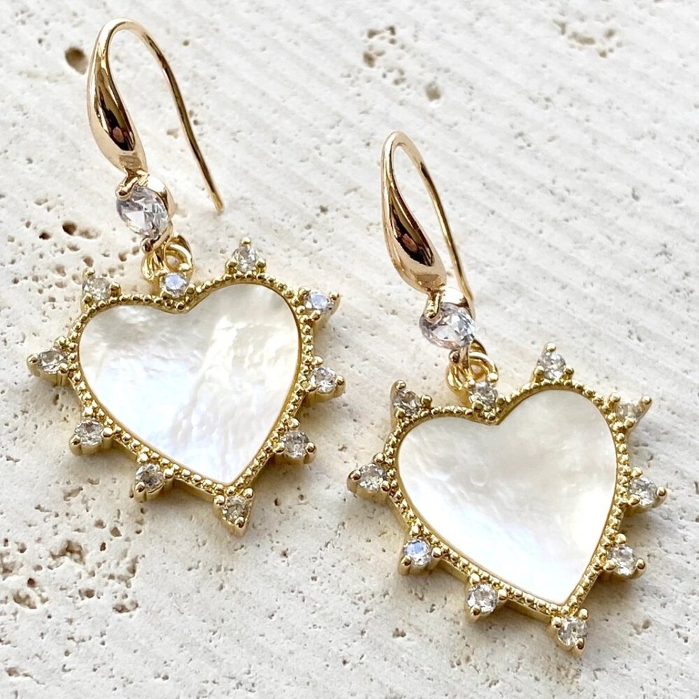 Gold Mother of Pearl Heart Statement Earrings